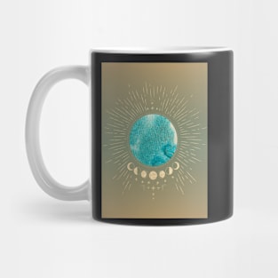 Gold and Blue Earth and Moon Cycle Graphic Mug